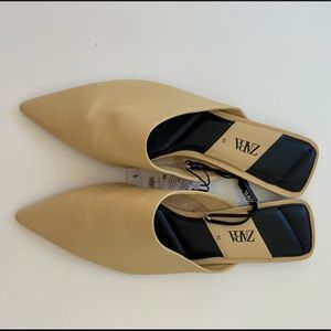 Zara beige leather pointed toe mules brand new
